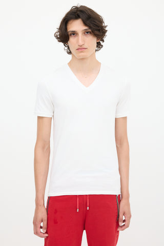 Balmain White Cotton Embroidered V-Neck T-Shirt