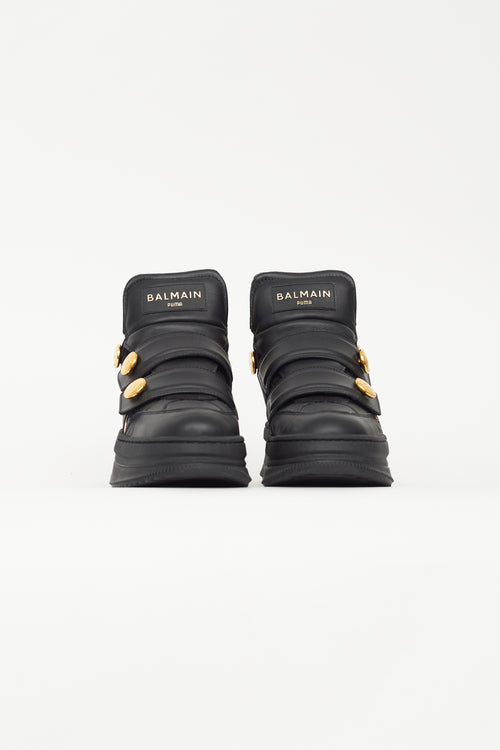 Balmain X Puma Black Leather Gold Button Sneaker