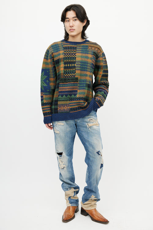 Beams Blue 
Multicolour Patterned Wool Sweater