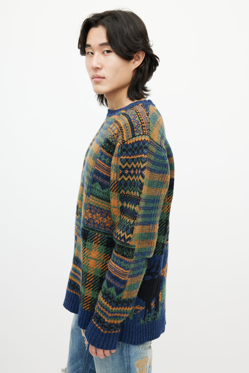 Beams Blue 
Multicolour Patterned Wool Sweater