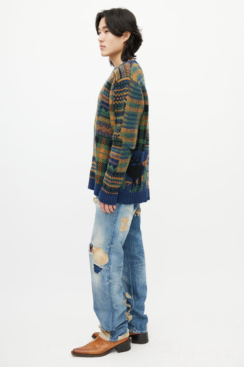 Beams Blue 
Multicolour Patterned Wool Sweater