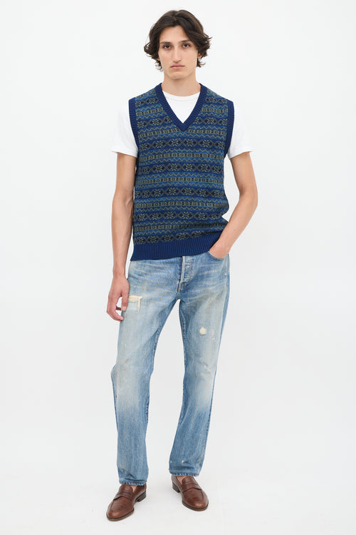 Beams Plus Blue 
Green Cotton Fair Isle Vest