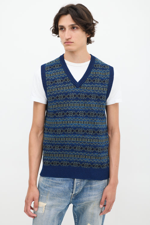 Beams Plus Blue 
Green Cotton Fair Isle Vest