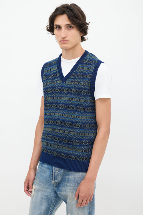 Beams Plus Blue 
Green Cotton Fair Isle Vest