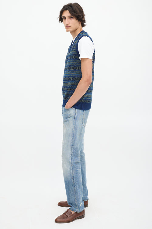 Beams Plus Blue 
Green Cotton Fair Isle Vest