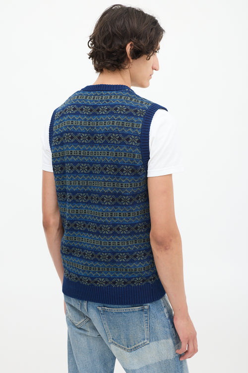 Beams Plus Blue 
Green Cotton Fair Isle Vest