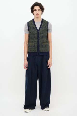 Beams Plus Green 
Navy Fairisle Button Up Sweater Vest