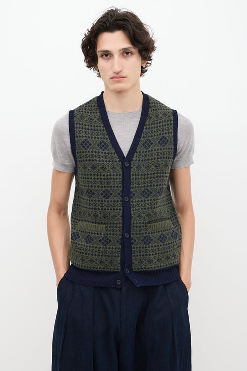 Beams Plus Green 
Navy Fairisle Button Up Sweater Vest