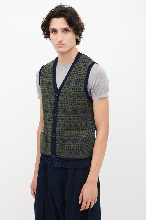 Beams Plus Green 
Navy Fairisle Button Up Sweater Vest