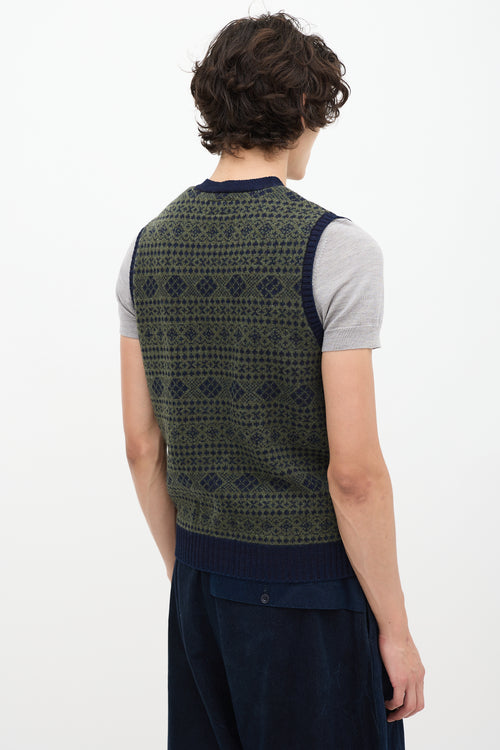 Beams Plus Green 
Navy Fairisle Button Up Sweater Vest