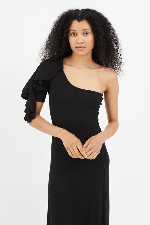 Beaufille Black Ribbed Gathered One Shoulder Dress