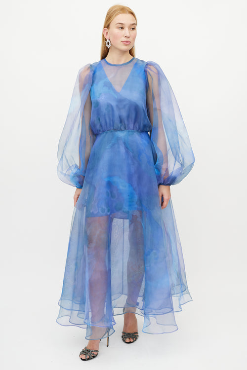 Beaufille Blue 
Multicolour Floral Layered Tulle Dress