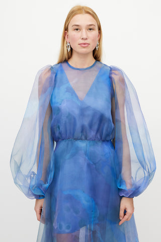 Beaufille Blue 
Multicolour Floral Layered Tulle Dress