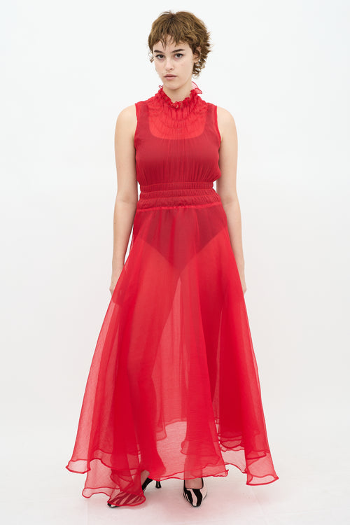 Beaufille Red Sheer Mock Neck Midi Dress