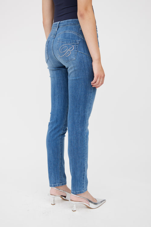 Blumarine Blue Low Rise Embelished Jean