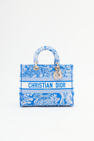 Dior Blue 
White Canvas Embroidered Large Lady D-Lite Bag