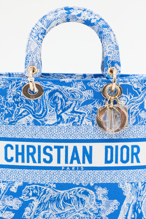 Dior Blue 
White Canvas Embroidered Large Lady D-Lite Bag