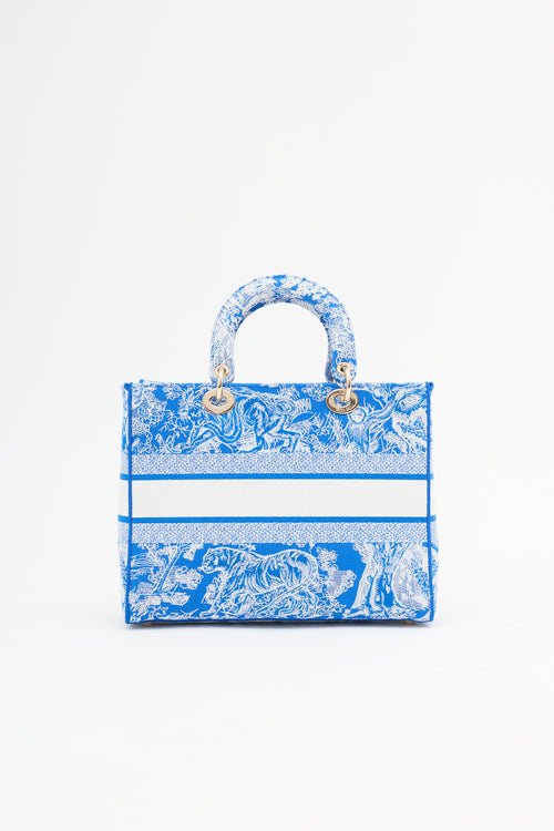 Dior Blue 
White Canvas Embroidered Large Lady D-Lite Bag