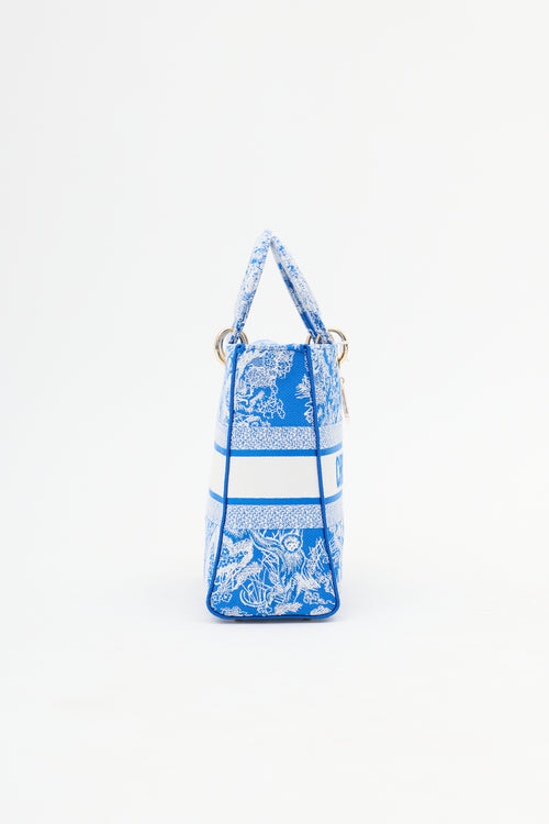 Dior Blue 
White Canvas Embroidered Large Lady D-Lite Bag