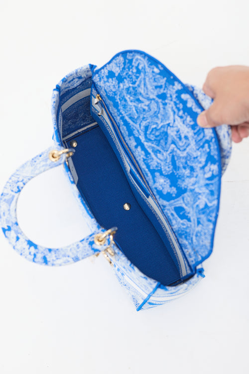 Dior Blue 
White Canvas Embroidered Large Lady D-Lite Bag