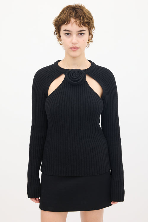 Blumarine Black Wool Knit Ribbed Floral Sweater