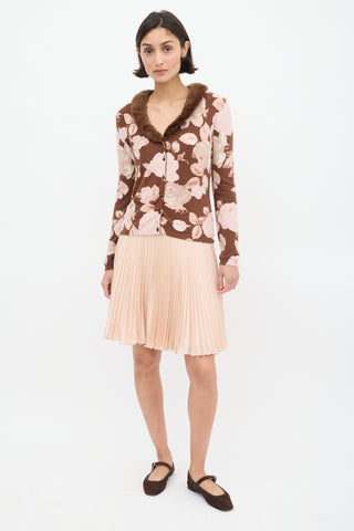 Blumarine Brown 
Pink Floral 
Faux Fur Cardigan