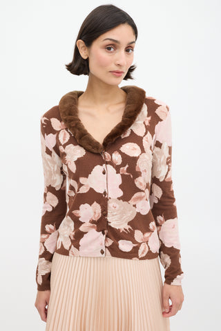 Blumarine Brown 
Pink Floral 
Faux Fur Cardigan