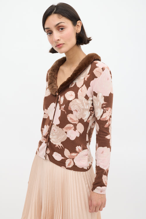 Blumarine Brown 
Pink Floral 
Faux Fur Cardigan