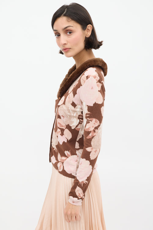 Blumarine Brown 
Pink Floral 
Faux Fur Cardigan