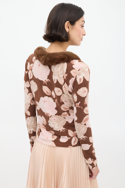 Blumarine Brown 
Pink Floral 
Faux Fur Cardigan