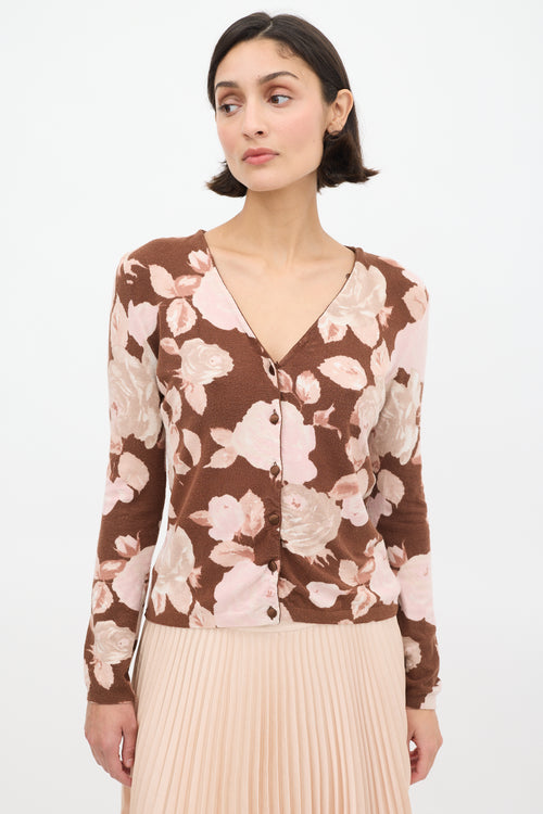 Blumarine Brown 
Pink Floral 
Faux Fur Cardigan