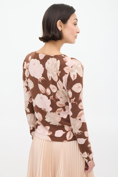 Blumarine Brown 
Pink Floral 
Faux Fur Cardigan