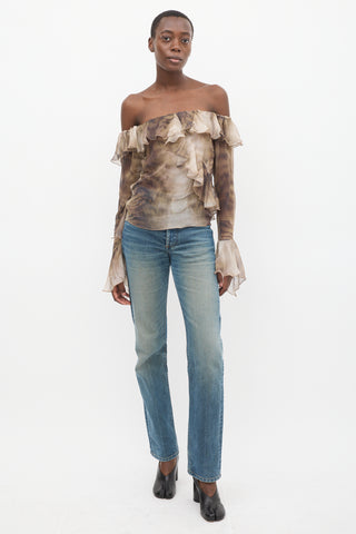 Blumarine Brown Silk Sheer Ruffled Off Shoulder Top