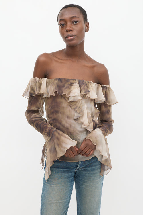 Blumarine Brown Silk Sheer Ruffled Off Shoulder Top