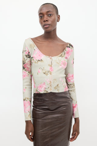 Blumarine Green 
Pink Floral Collared Cardigan