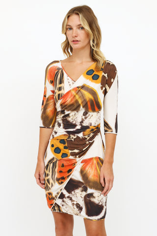 Blumarine Brown 
Cream Printed Ruched Dress