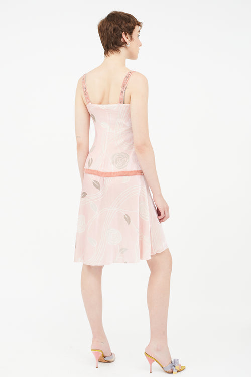 Blumarine Pink 
Grey Velvet Floral Dress