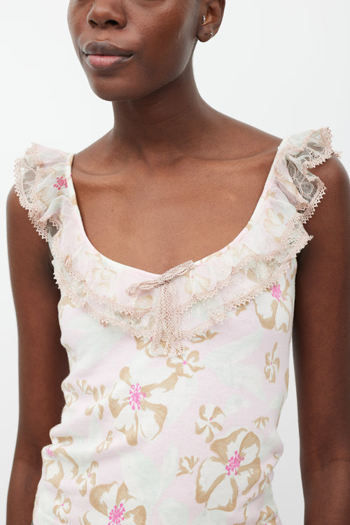 Blumarine Pink 
Multicolour Floral Ruffled Tank Top