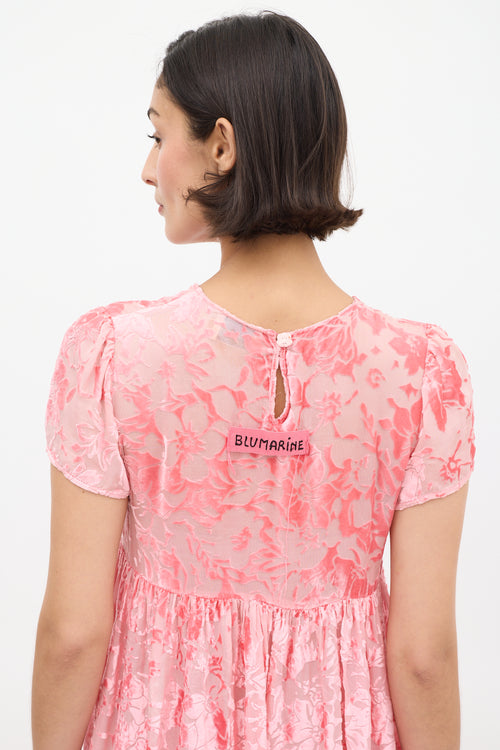 Blumarine Pink Velvet Floral Semi Sheer Dress