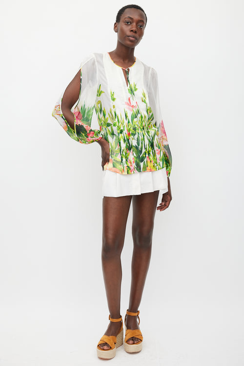 Blumarine White 
Multicolour Floral Silk Pleated Top