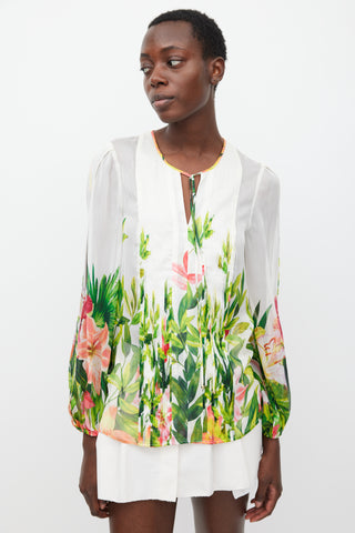 Blumarine White 
Multicolour Floral Silk Pleated Top