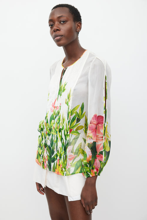 Blumarine White 
Multicolour Floral Silk Pleated Top