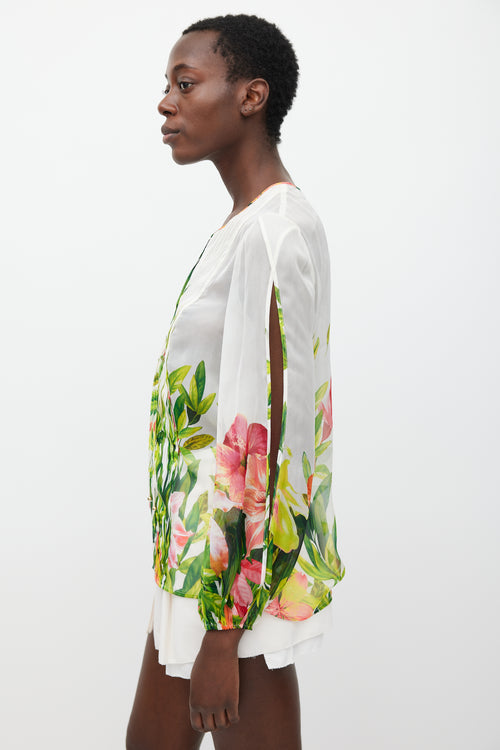 Blumarine White 
Multicolour Floral Silk Pleated Top