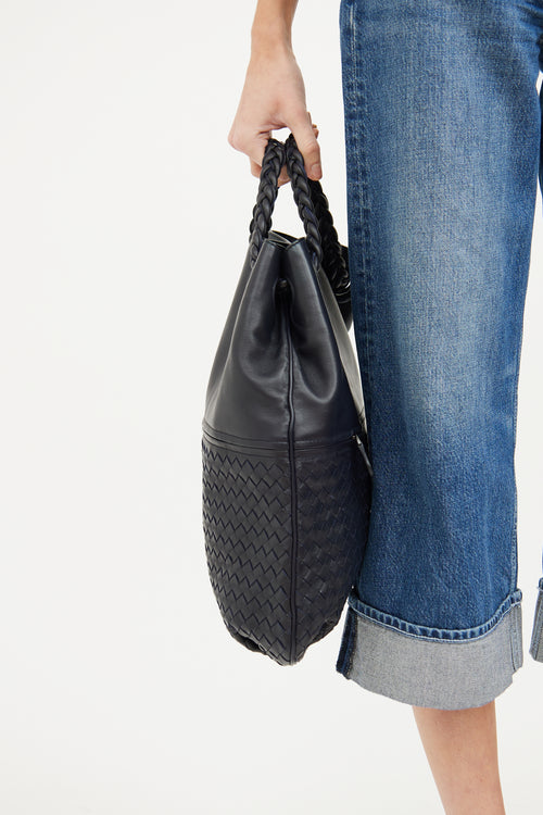 Bottega Veneta Navy Leather Intrecciato Medium Julie Tote Bag