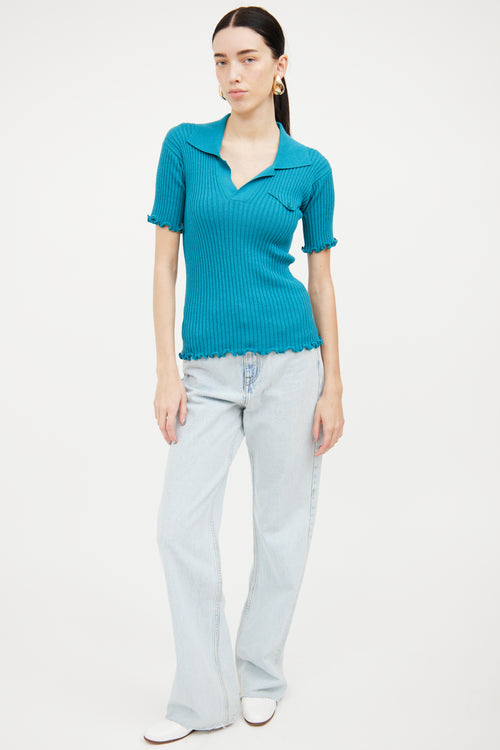 Bottega Veneta Salon 01 Teal Ribbed Short Sleeve Wool Polo