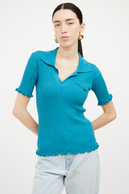 Bottega Veneta Salon 01 Teal Ribbed Short Sleeve Wool Polo