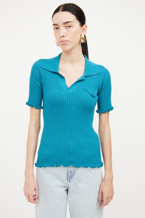 Bottega Veneta Salon 01 Teal Ribbed Short Sleeve Wool Polo