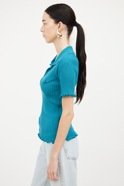 Bottega Veneta Salon 01 Teal Ribbed Short Sleeve Wool Polo