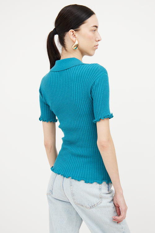 Bottega Veneta Salon 01 Teal Ribbed Short Sleeve Wool Polo