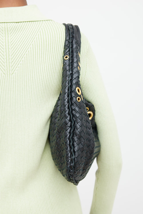 Bottega Veneta Black Intrecciato Leather 
Gold Grommet Bag